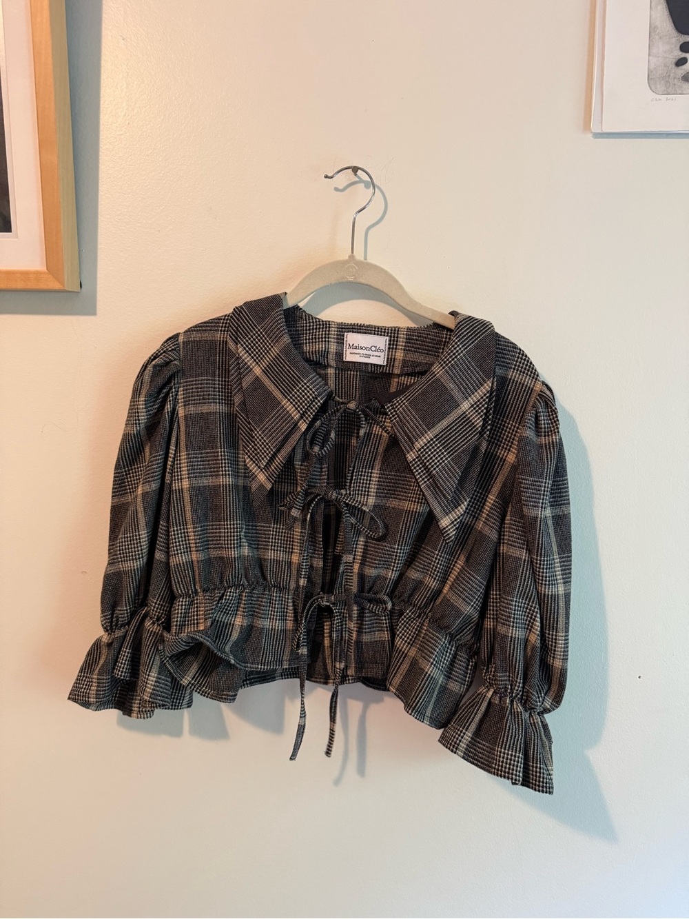 Maisonette Plaid Lace-Up Cropped Blouse in Black & Gray